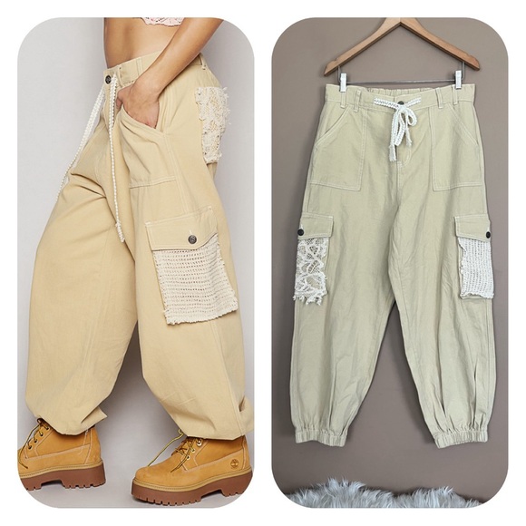 POL Pants - {POL} Crochet Detail Twill Cargo Jogger in Beige - Womens Medium